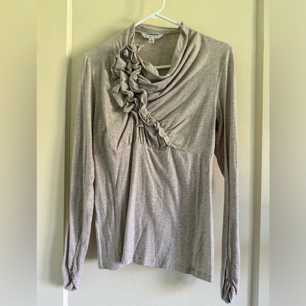 CAbi Oatmeal Ruched Mock Neck Non Chalant Blouse, Size L